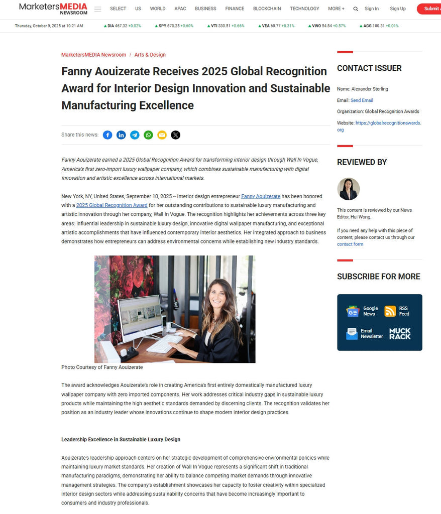 MarketersMEDIA Newsroom / Arts & Design Fanny Aouizerate Receives 2025 Global Recognition Award for Interior Design Innovation and Sustainable Manufacturing Excellence